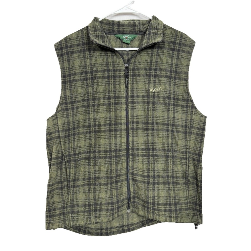 Woolrich Mens Large Green Plaid Fleece Vest Full Zip Outdoors Hiking Cabin Core